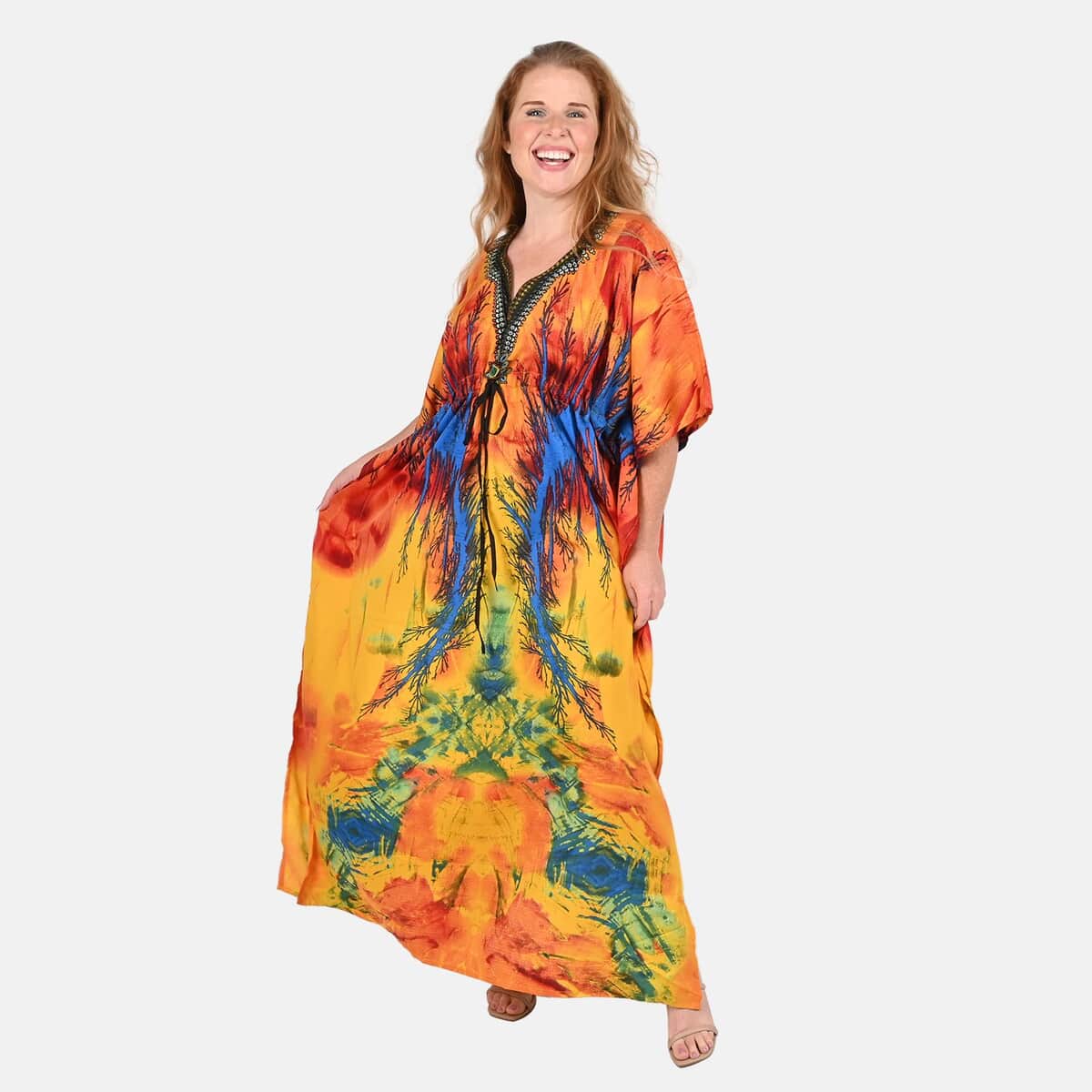 Tamsy Red and Yellow Abstract Printed Long Kaftan - One Size Fits Most image number 0
