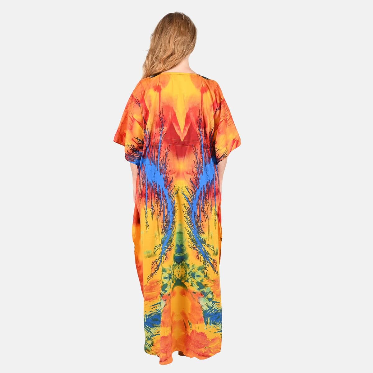 Tamsy Red and Yellow Abstract Printed Long Kaftan - One Size Fits Most image number 1