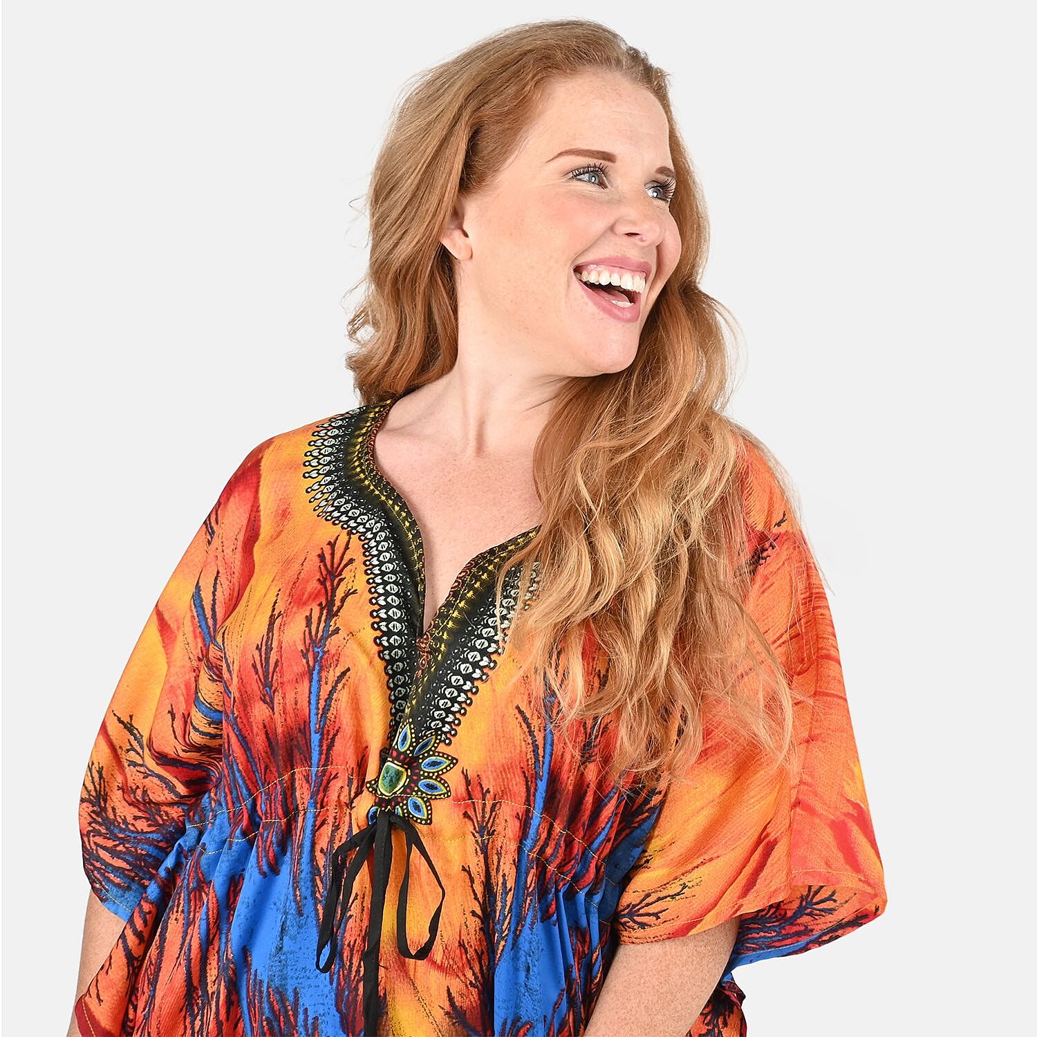 Tamsy Red and Yellow Abstract Printed Long Kaftan - One Size Fits Most