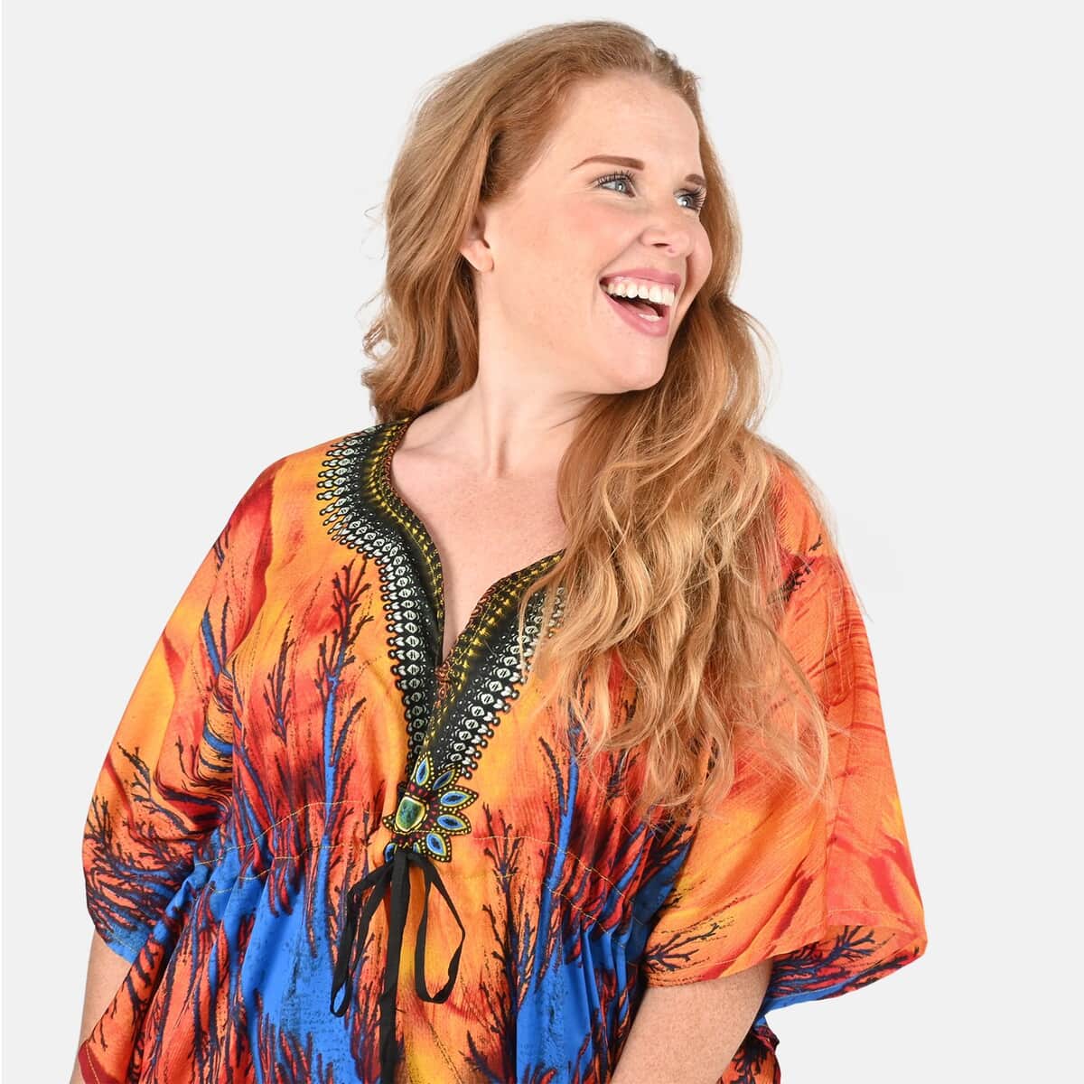 Tamsy Red and Yellow Abstract Printed Long Kaftan - One Size Fits Most image number 3