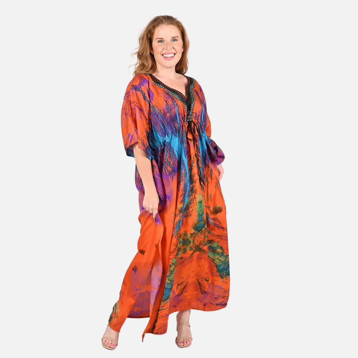 Tamsy Orange Abstract Printed Long Kaftan - One Size Fits Most image number 0