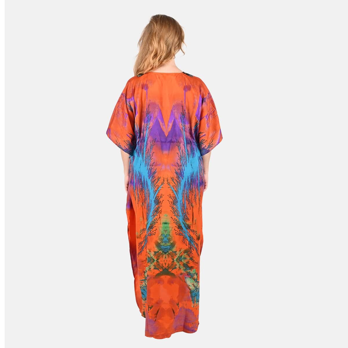 Tamsy Orange Abstract Printed Long Kaftan - One Size Fits Most image number 1