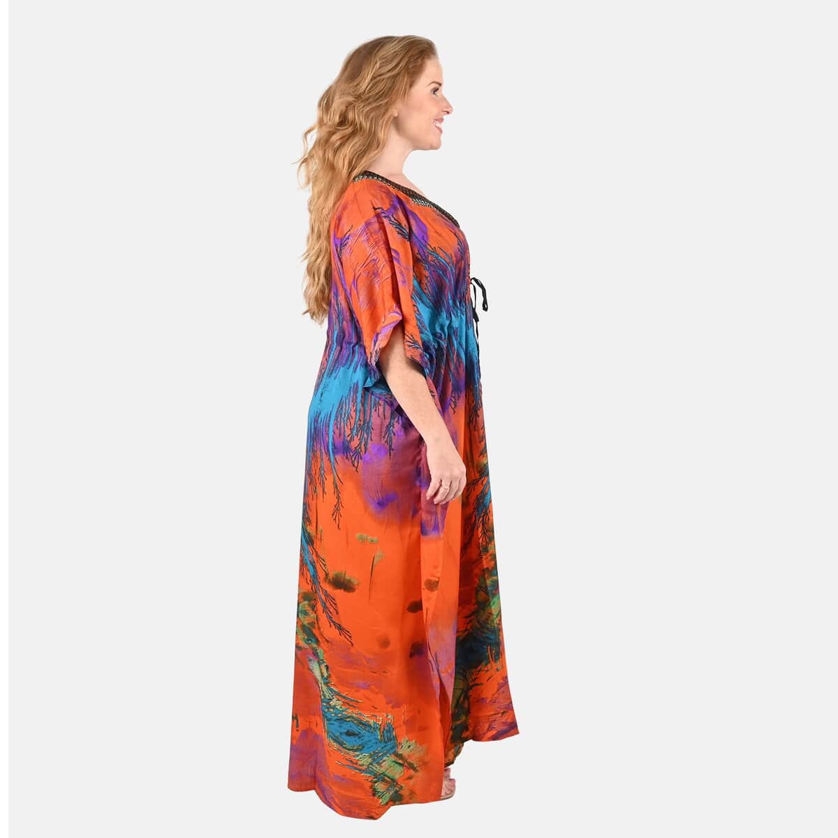 Tamsy Orange Abstract Printed Long Kaftan - One Size Fits Most image number 2