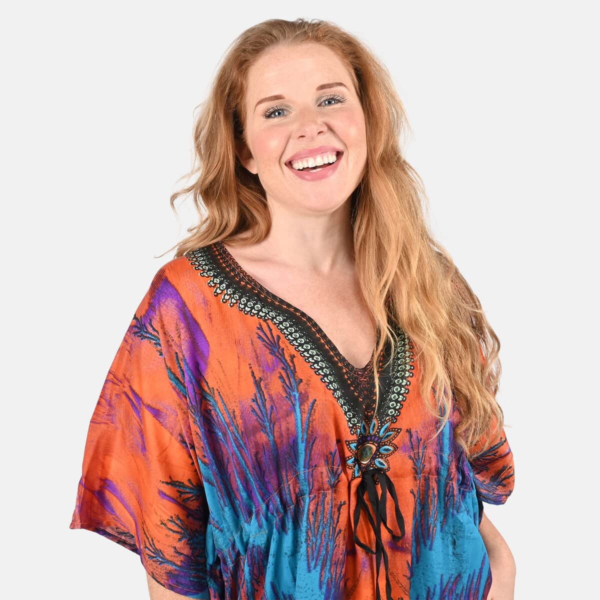 Tamsy Orange Abstract Printed Long Kaftan - One Size Fits Most image number 3