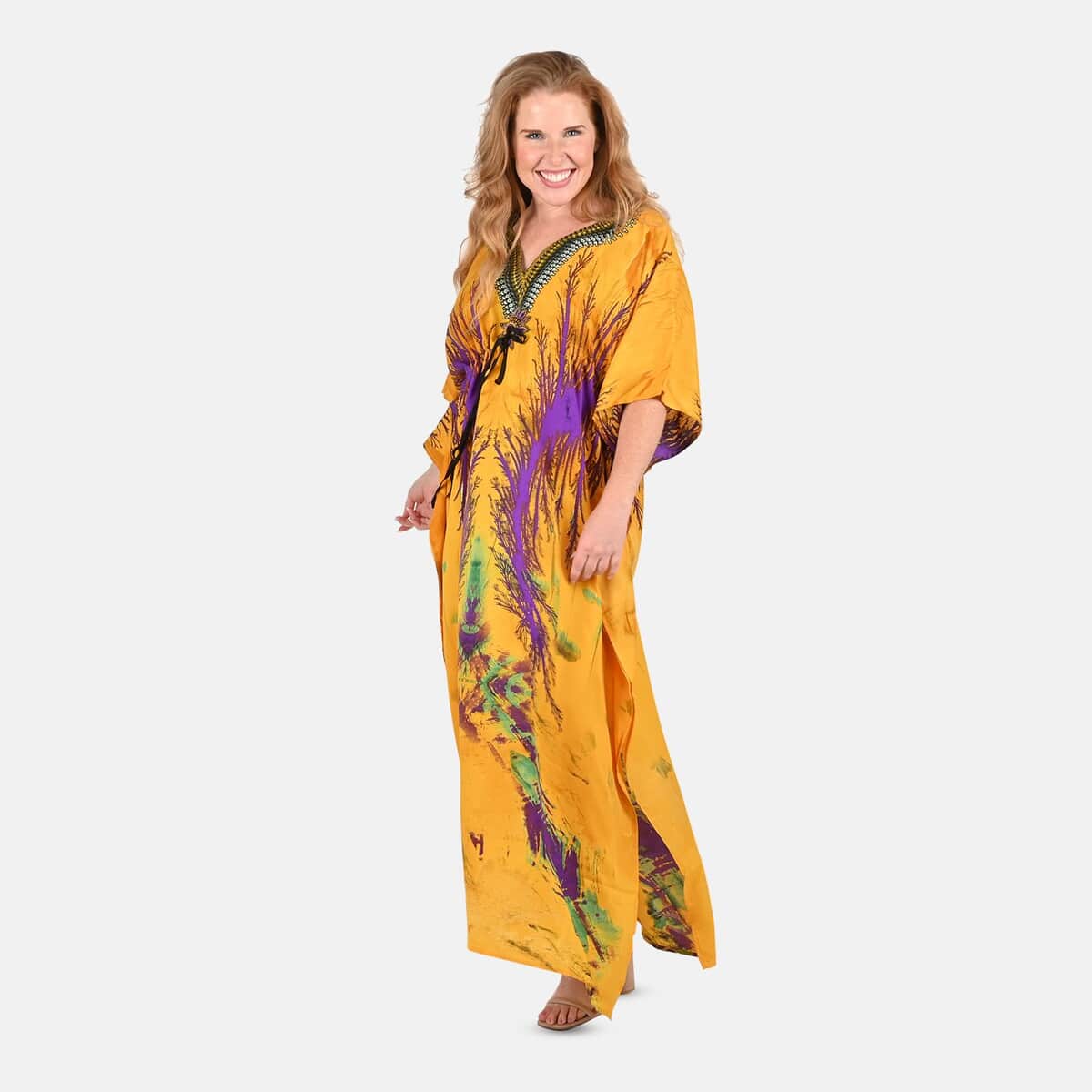 Tamsy Yellow Abstract Printed Long Kaftan - One Size Fits Most image number 0
