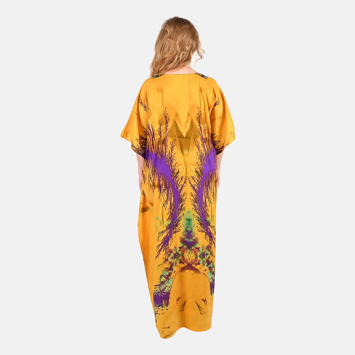 Tamsy Yellow Abstract Printed Long Kaftan - One Size Fits Most image number 1