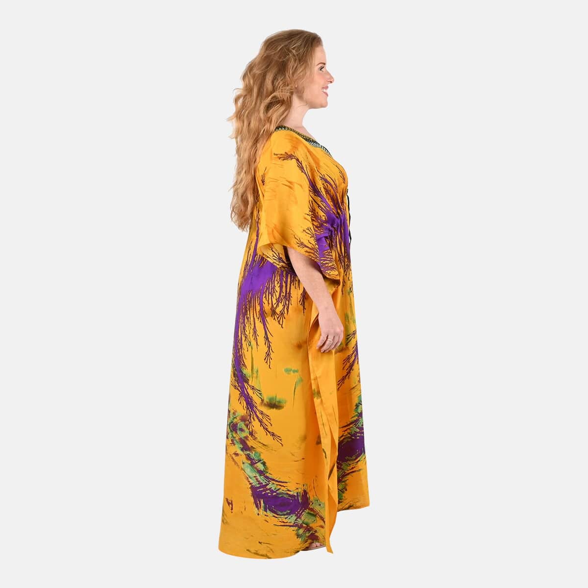 Tamsy Yellow Abstract Printed Long Kaftan - One Size Fits Most image number 2