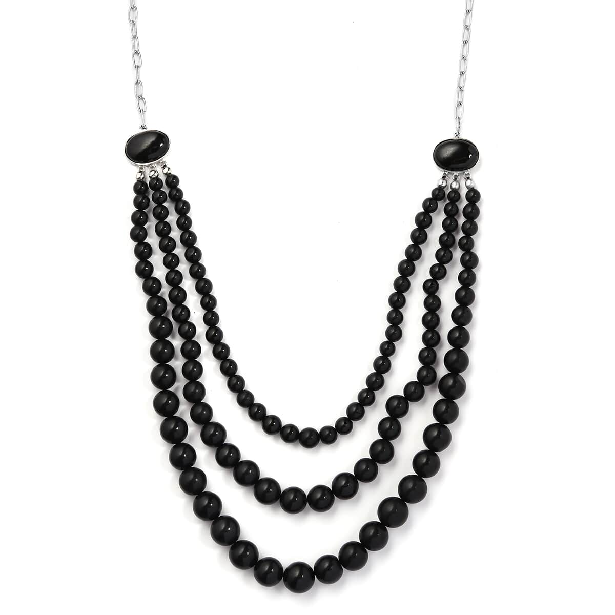 California Black Jade Three Row Beaded Necklace 20 Inches in Sterling Silver 267.85 ctw image number 0