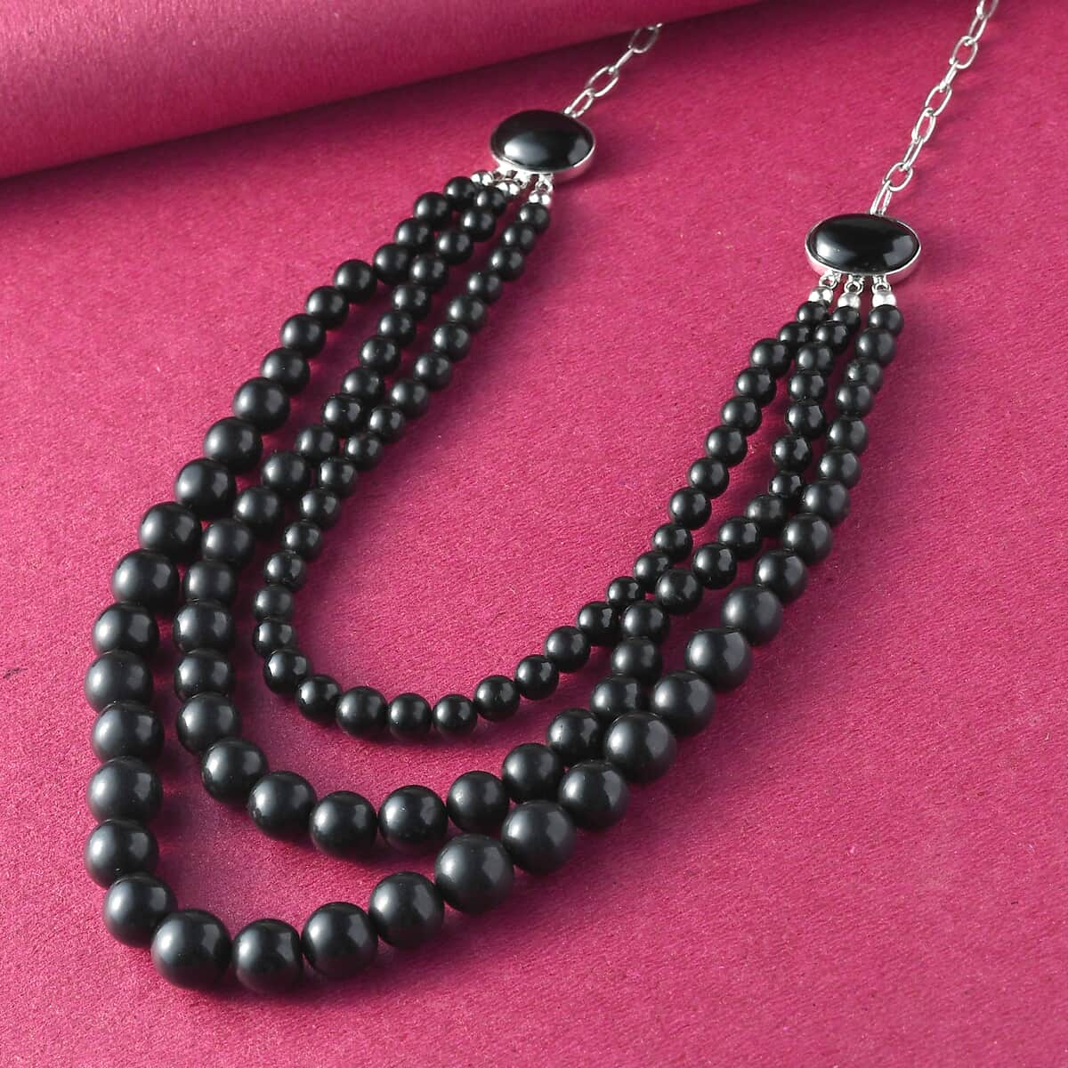 California Black Jade Three Row Beaded Necklace 20 Inches in Sterling Silver 267.85 ctw image number 1