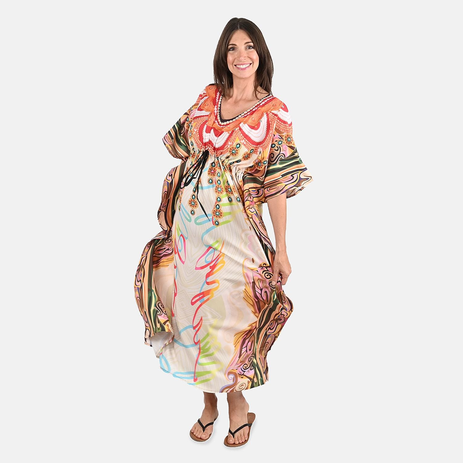 Tamsy Tan Graphic Printed Long Kaftan Dress with Drawstring - One Size Fits Most | Holiday Dress | Swimsuit Cover Up | Beach Cover Ups | Holiday Clothes