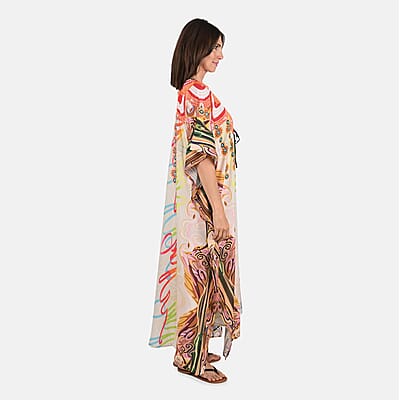 Tamsy Tan Graphic Printed Long Kaftan Dress with Drawstring - One Size Fits Most | Holiday Dress | Swimsuit Cover Up | Beach Cover Ups | Holiday Clothes