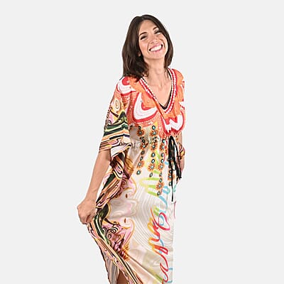 Tamsy Tan Graphic Printed Long Kaftan Dress with Drawstring - One Size Fits Most | Holiday Dress | Swimsuit Cover Up | Beach Cover Ups | Holiday Clothes
