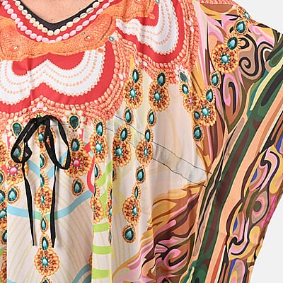 Tamsy Tan Graphic Printed Long Kaftan Dress with Drawstring - One Size Fits Most | Holiday Dress | Swimsuit Cover Up | Beach Cover Ups | Holiday Clothes