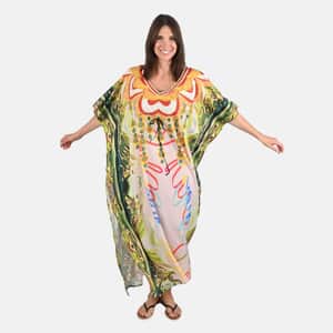 Tamsy Green Graphic Printed Long Kaftan Dress with Drawstring - One Size Fits Most | Holiday Dress | Swimsuit Cover Up | Beach Cover Ups | Holiday Clothes