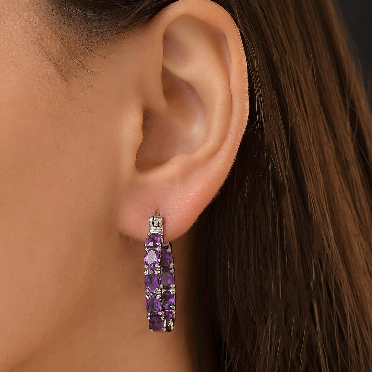 African Amethyst 7.10 ctw Hoop Earrings in Stainless Steel image number 1