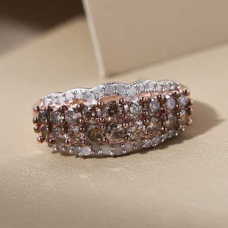 Natural Champagne and White Diamond Cluster Ring in Rhodium and Vermeil Rose Gold Over Sterling Silver (Size 9.0) 1.00 ctw image number 1