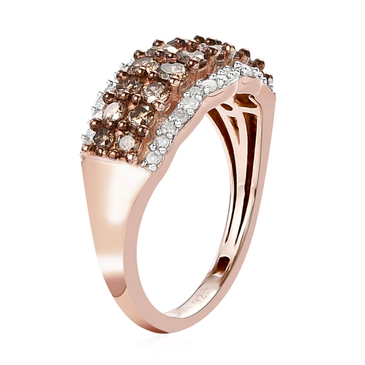 Natural Champagne and White Diamond Cluster Ring in Rhodium and Vermeil Rose Gold Over Sterling Silver (Size 9.0) 1.00 ctw image number 3