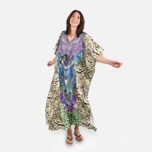 Tamsy Olive Animal Printed Long Kaftan Dress with Drawstring - One Size Fits Most | Holiday Dress | Swimsuit Cover Up | Beach Cover Ups | Holiday Clothes