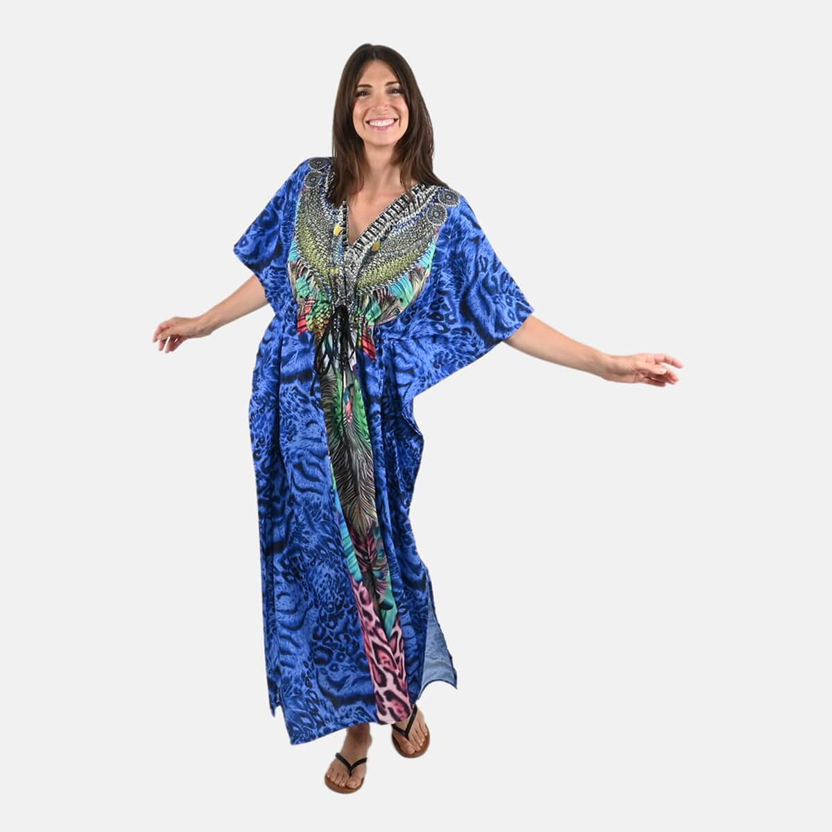 Tamsy Blue Animal Printed Long Kaftan Dress with Drawstring - One Size Fits Most | Holiday Dress | Swimsuit Cover Up | Beach Cover Ups | Holiday Clothes image number 0