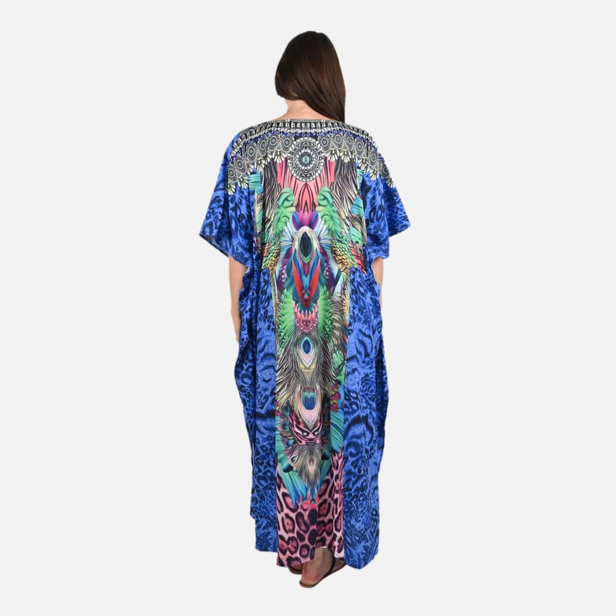 Tamsy Blue Animal Printed Long Kaftan Dress with Drawstring - One Size Fits Most | Holiday Dress | Swimsuit Cover Up | Beach Cover Ups | Holiday Clothes image number 1