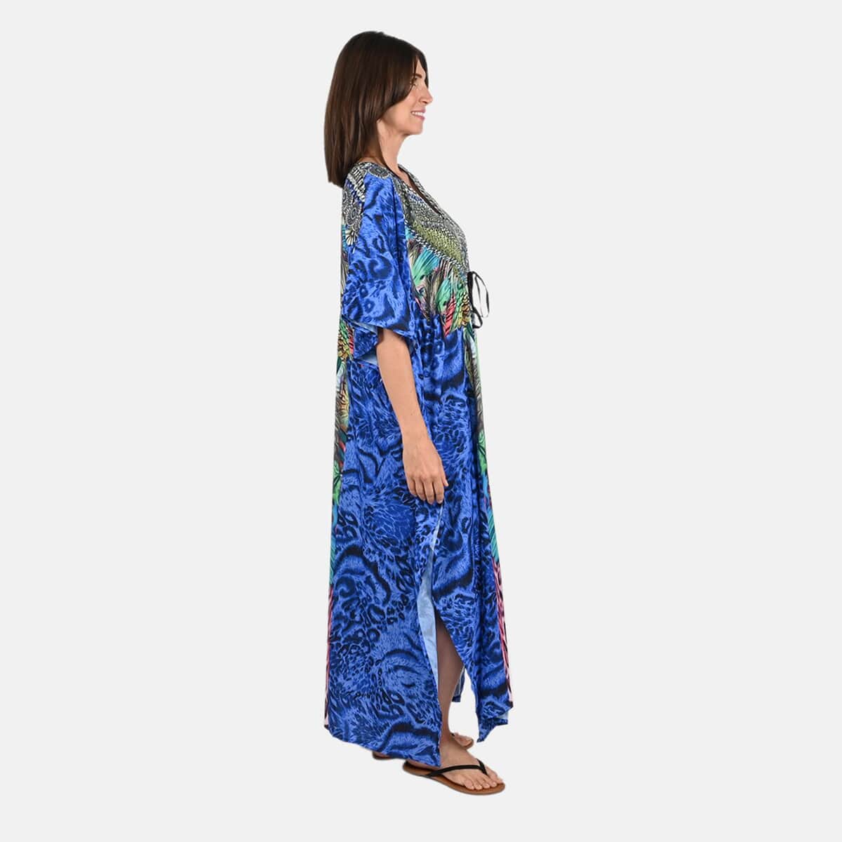 Tamsy Blue Animal Printed Long Kaftan Dress with Drawstring - One Size Fits Most | Holiday Dress | Swimsuit Cover Up | Beach Cover Ups | Holiday Clothes image number 2