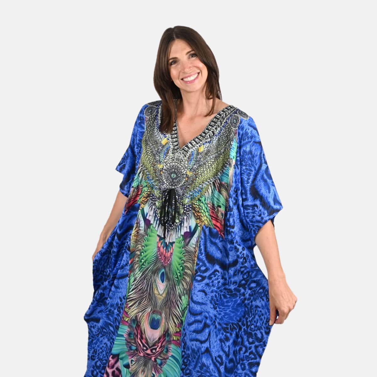 Tamsy Blue Animal Printed Long Kaftan Dress with Drawstring - One Size Fits Most | Holiday Dress | Swimsuit Cover Up | Beach Cover Ups | Holiday Clothes image number 3