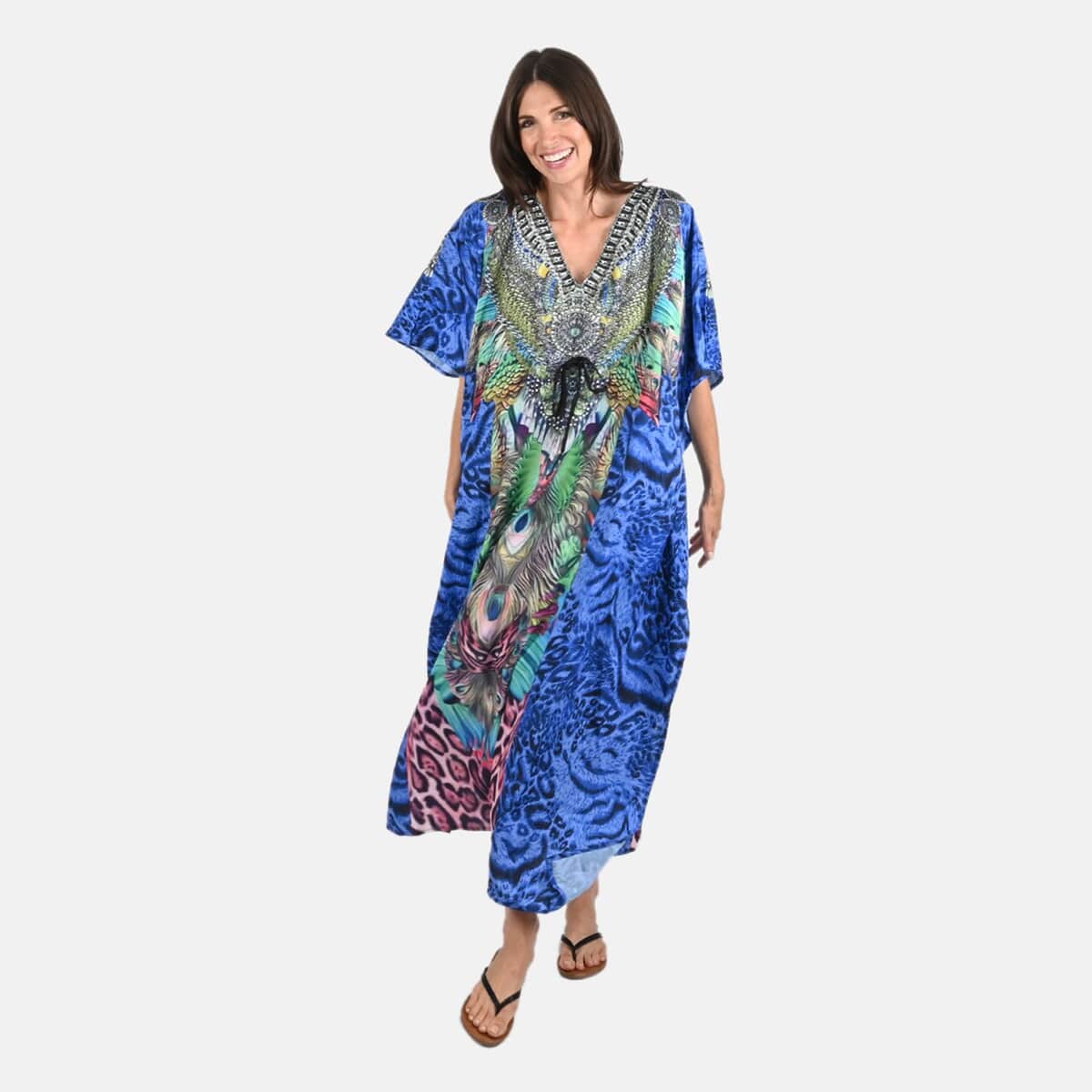 Tamsy Blue Animal Printed Long Kaftan Dress with Drawstring - One Size Fits Most | Holiday Dress | Swimsuit Cover Up | Beach Cover Ups | Holiday Clothes image number 4