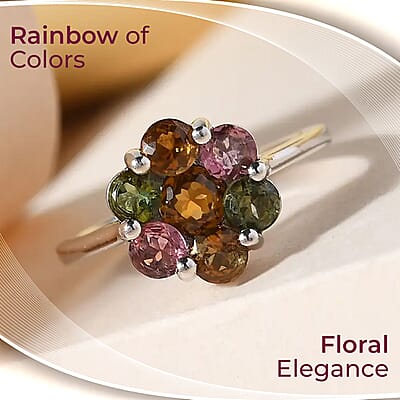 D'Joy Multi-Tourmaline 1.35 ctw Ring, Multi Colored Ring, Tourmaline Floral Ring, Platinum Over Sterling Silver Ring (Size 10.00)