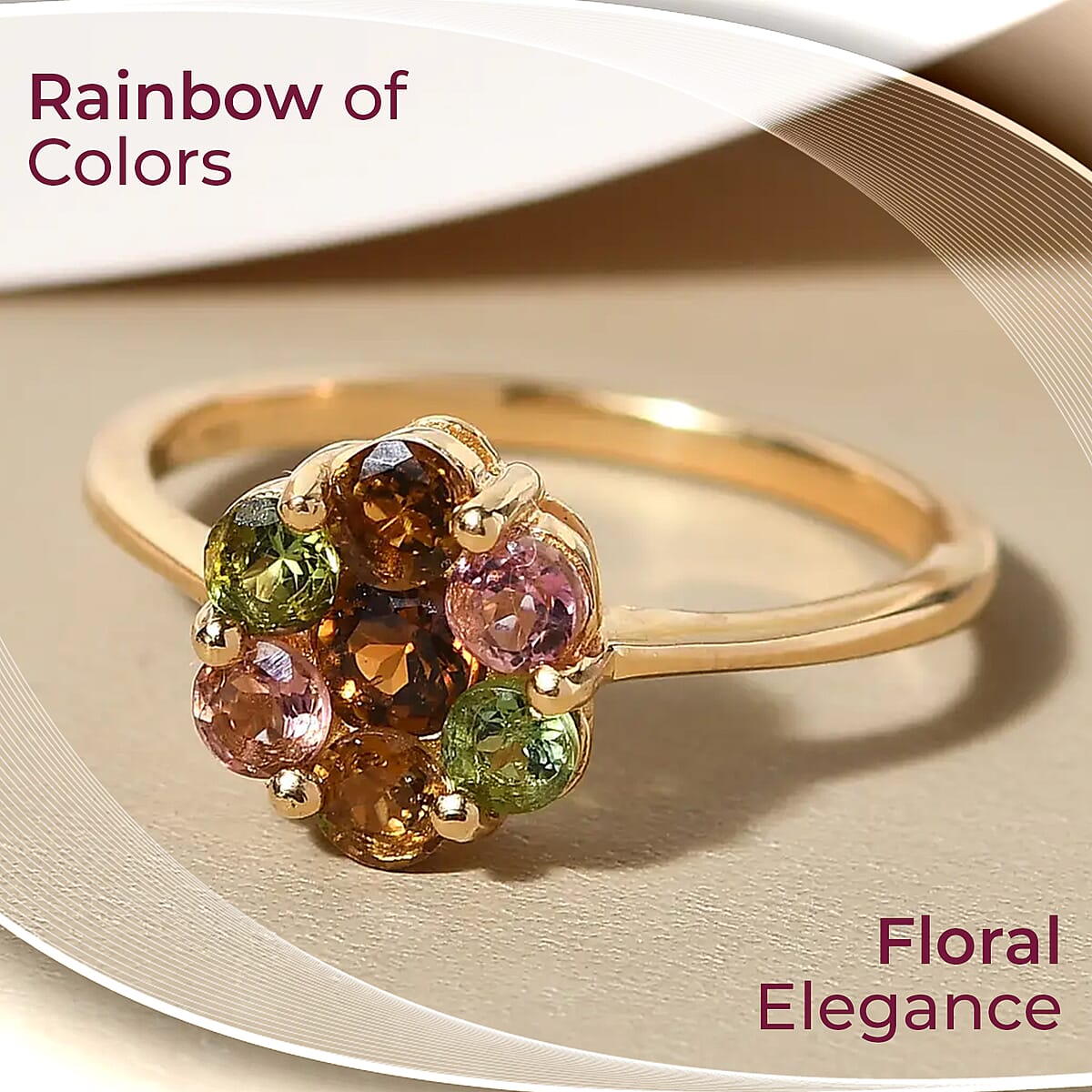 Multi-Tourmaline 1.35 ctw Ring, Multi Colored Ring, Tourmaline Floral Ring, Vermeil Yellow Gold Over Sterling Silver Ring (Size 5.00) image number 1