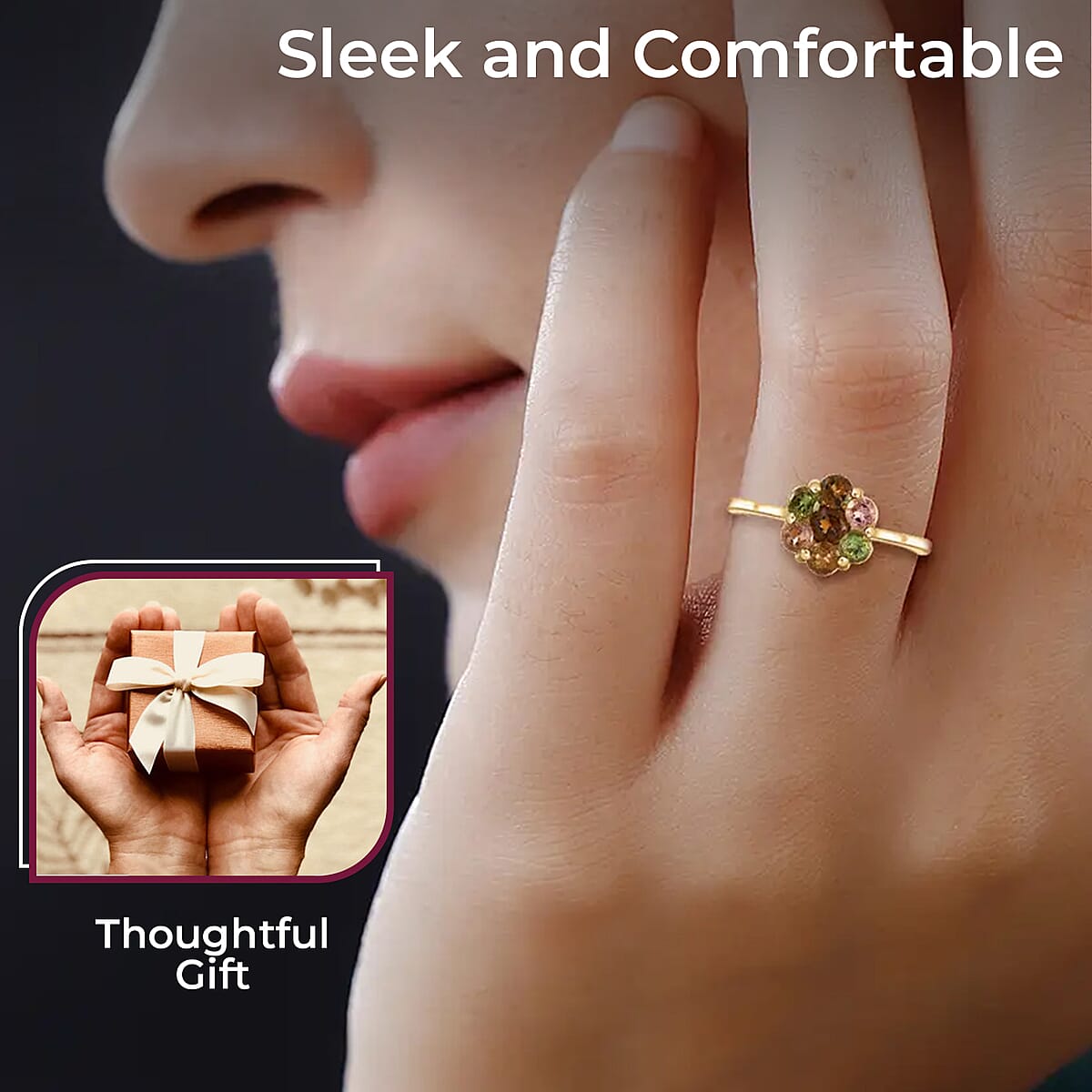 Multi-Tourmaline 1.35 ctw Ring, Multi Colored Ring, Tourmaline Floral Ring, Vermeil Yellow Gold Over Sterling Silver Ring (Size 5.00) image number 2