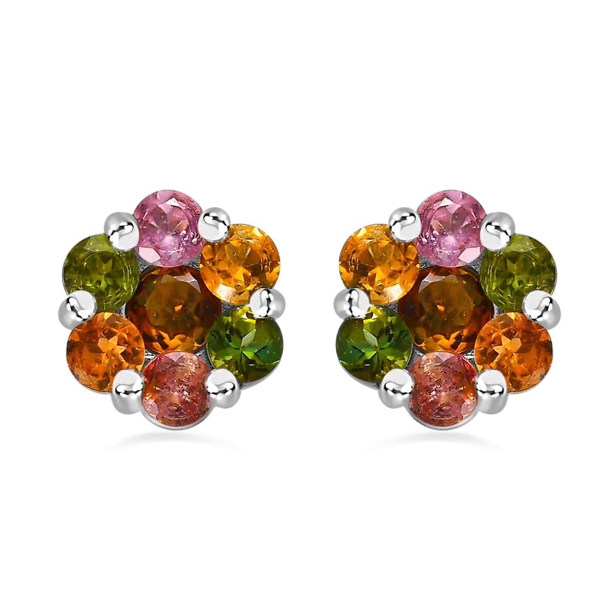 Multi Tourmaline Floral Stud Earrings in Platinum Over Sterling Silver 1.75 ctw image number 0