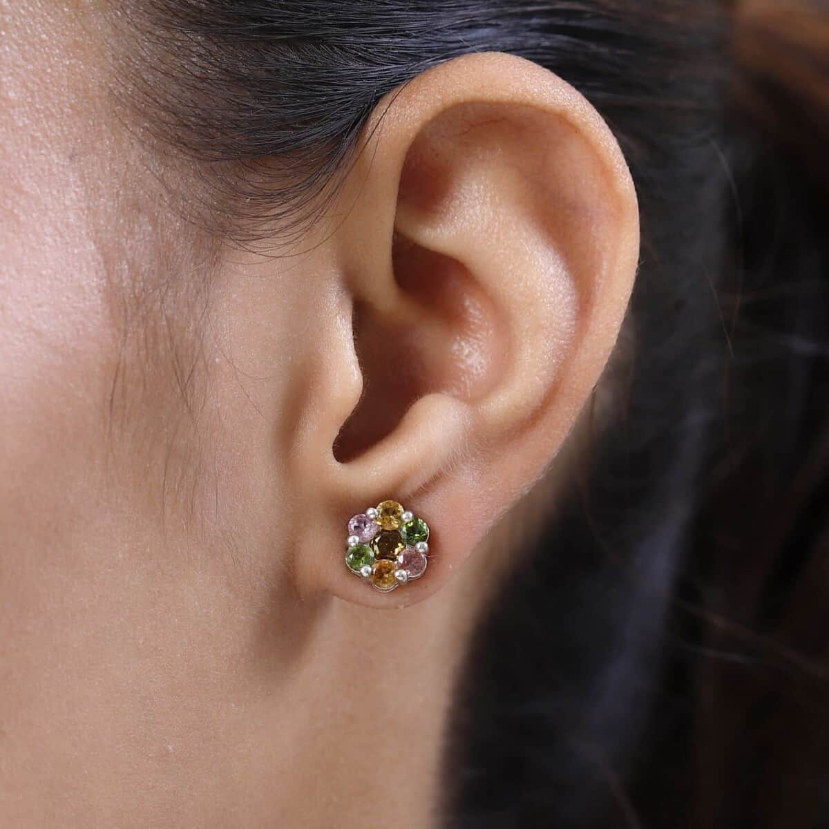 Multi Tourmaline Floral Stud Earrings in Platinum Over Sterling Silver 1.75 ctw image number 2