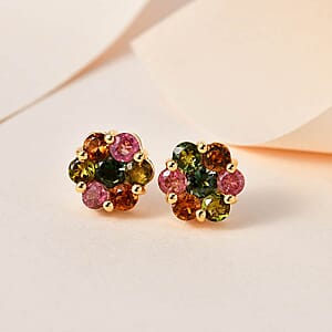 D'Joy Multi-Tourmaline Stud Earrings, Pressure Set Earrings, Tourmaline Floral Earrings, Vermeil Yellow Gold Over Sterling Silver Earrings 1.75 ctw