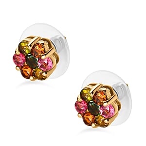 D'Joy Multi-Tourmaline Stud Earrings, Pressure Set Earrings, Tourmaline Floral Earrings, Vermeil Yellow Gold Over Sterling Silver Earrings 1.75 ctw