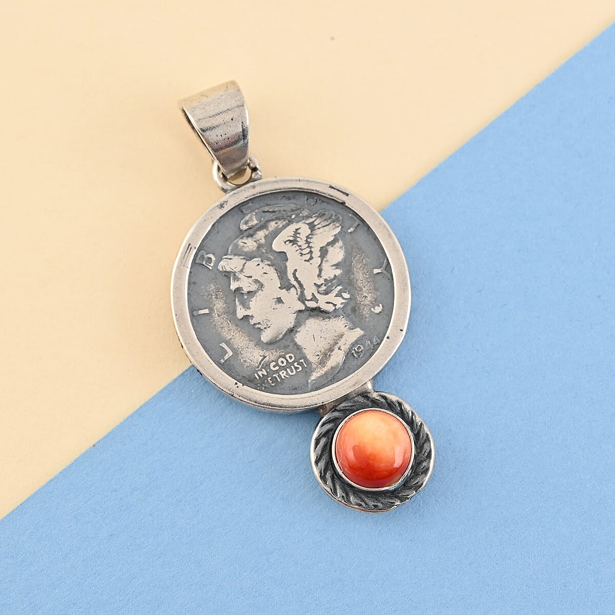 Santa Fe Style Orange Spiny Oyster Shell Hermes Coin Pendant in Sterling Silver (5.2 g) image number 1
