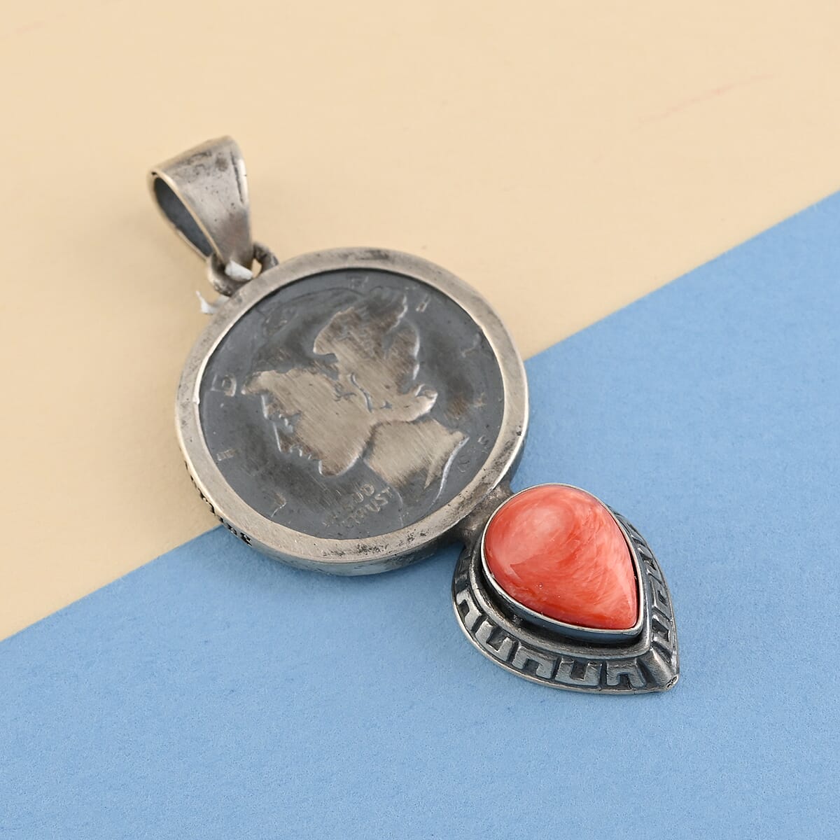 SUMMER DEALS Santa Fe Style Spiny Oyster Shell Hermes Coin with Spiny Oyster Shell Tear Shape Drop Pendant in Sterling Silver image number 1