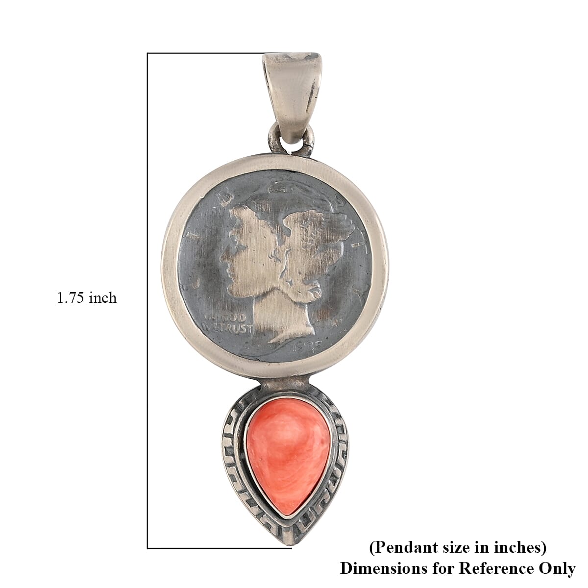 SUMMER DEALS Santa Fe Style Spiny Oyster Shell Hermes Coin with Spiny Oyster Shell Tear Shape Drop Pendant in Sterling Silver image number 4