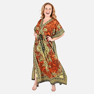 Tamsy Orange Baroque Printed Long Kaftan Dress - One Size Fits Most | Holiday Dress | Swimsuit Cover Up | Beach Cover Ups | Holiday Clothes