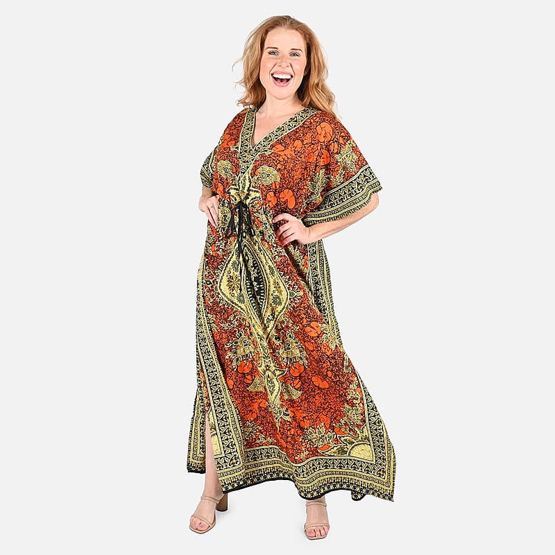Tamsy Orange Baroque Printed Long Kaftan Dress - One Size Fits Most | Holiday Dress | Swimsuit Cover Up | Beach Cover Ups | Holiday Clothes