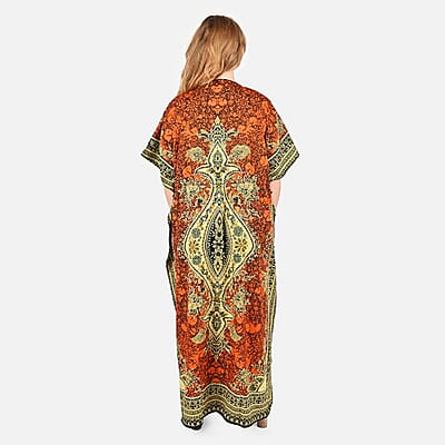 Tamsy Orange Baroque Printed Long Kaftan Dress - One Size Fits Most | Holiday Dress | Swimsuit Cover Up | Beach Cover Ups | Holiday Clothes