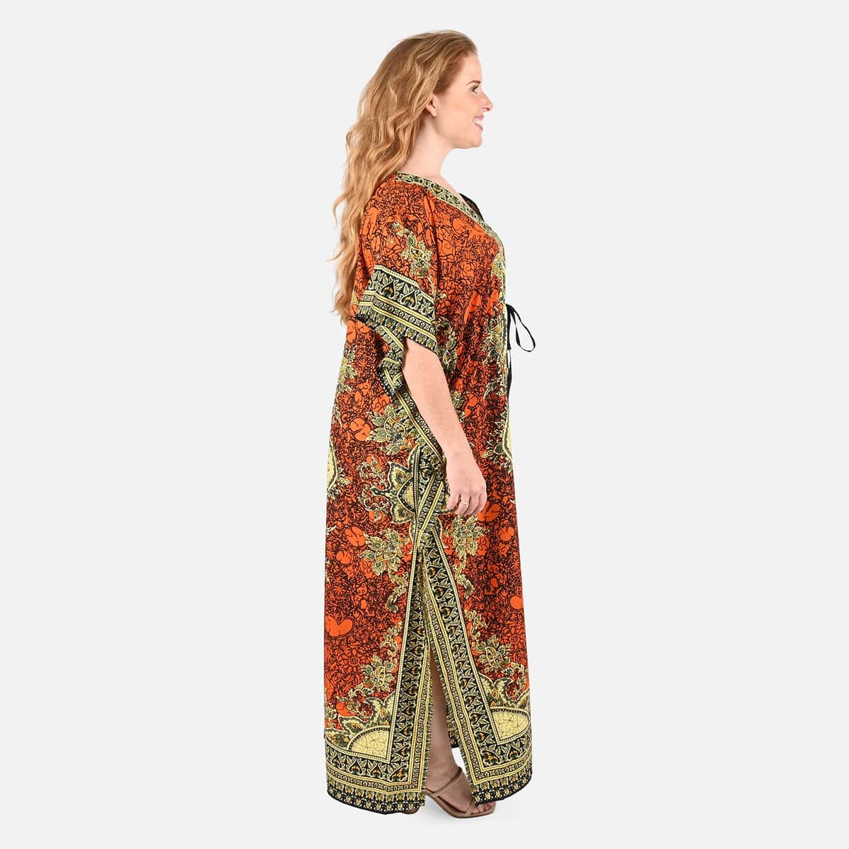 TAMSY Orange Printed Long Kaftan - One Size Fits Most image number 2