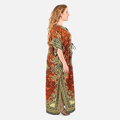 Tamsy Orange Baroque Printed Long Kaftan Dress - One Size Fits Most | Holiday Dress | Swimsuit Cover Up | Beach Cover Ups | Holiday Clothes