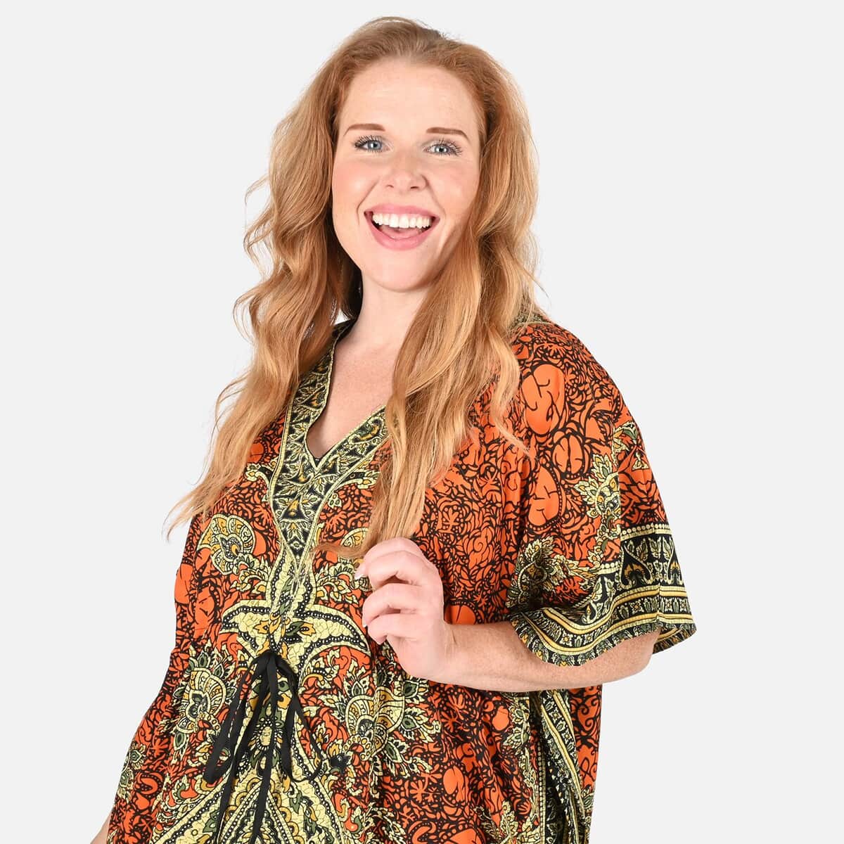 TAMSY Orange Printed Long Kaftan - One Size Fits Most image number 3