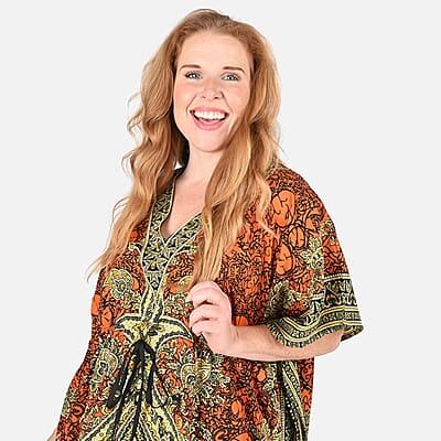 Tamsy Orange Baroque Printed Long Kaftan Dress - One Size Fits Most | Holiday Dress | Swimsuit Cover Up | Beach Cover Ups | Holiday Clothes