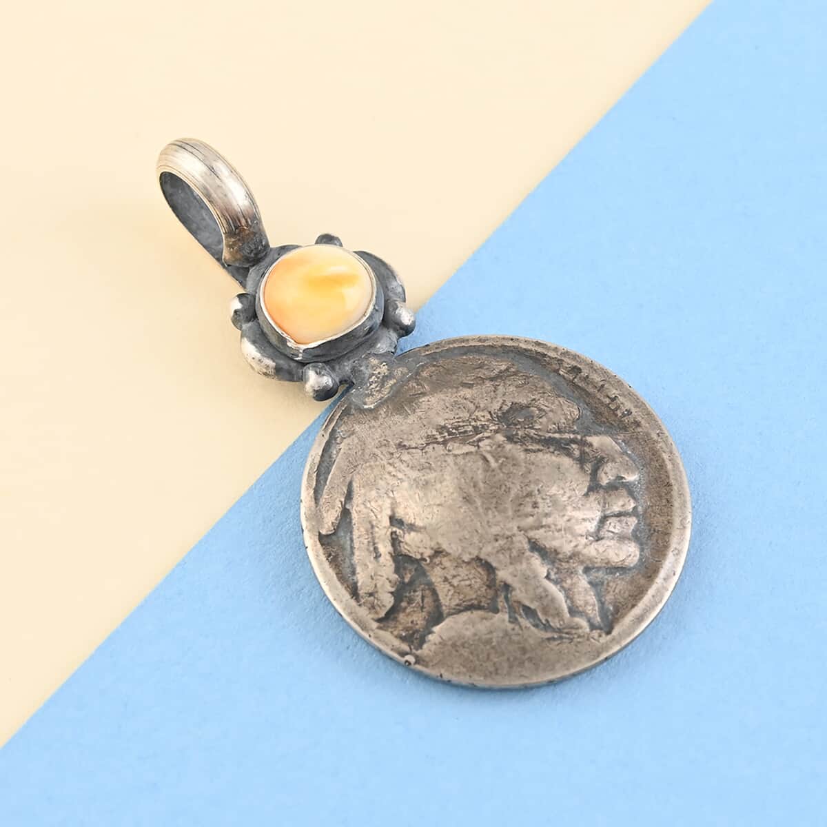 SUMMER DEALS SANTA FE Style Orange Spiny Oyster Shell Coin Pendant in Sterling Silver image number 1