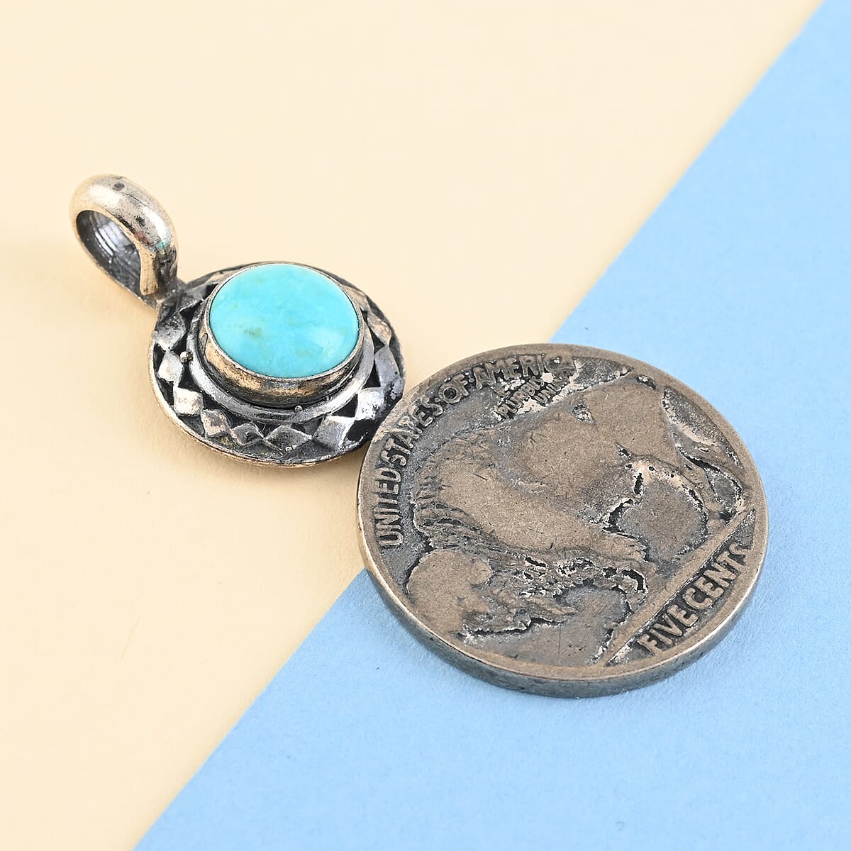 SUMMER DEALS Santa Fe Style Turquoise Buffalo Five Cents Coin Pendant in Sterling Silver 7.3 Grams 1.80 ctw image number 1