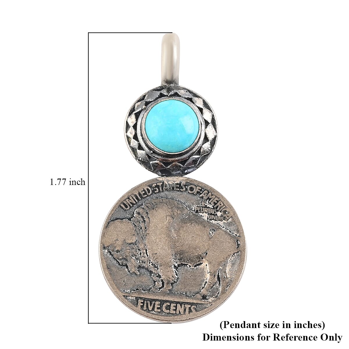 SUMMER DEALS Santa Fe Style Turquoise Buffalo Five Cents Coin Pendant in Sterling Silver 7.3 Grams 1.80 ctw image number 4