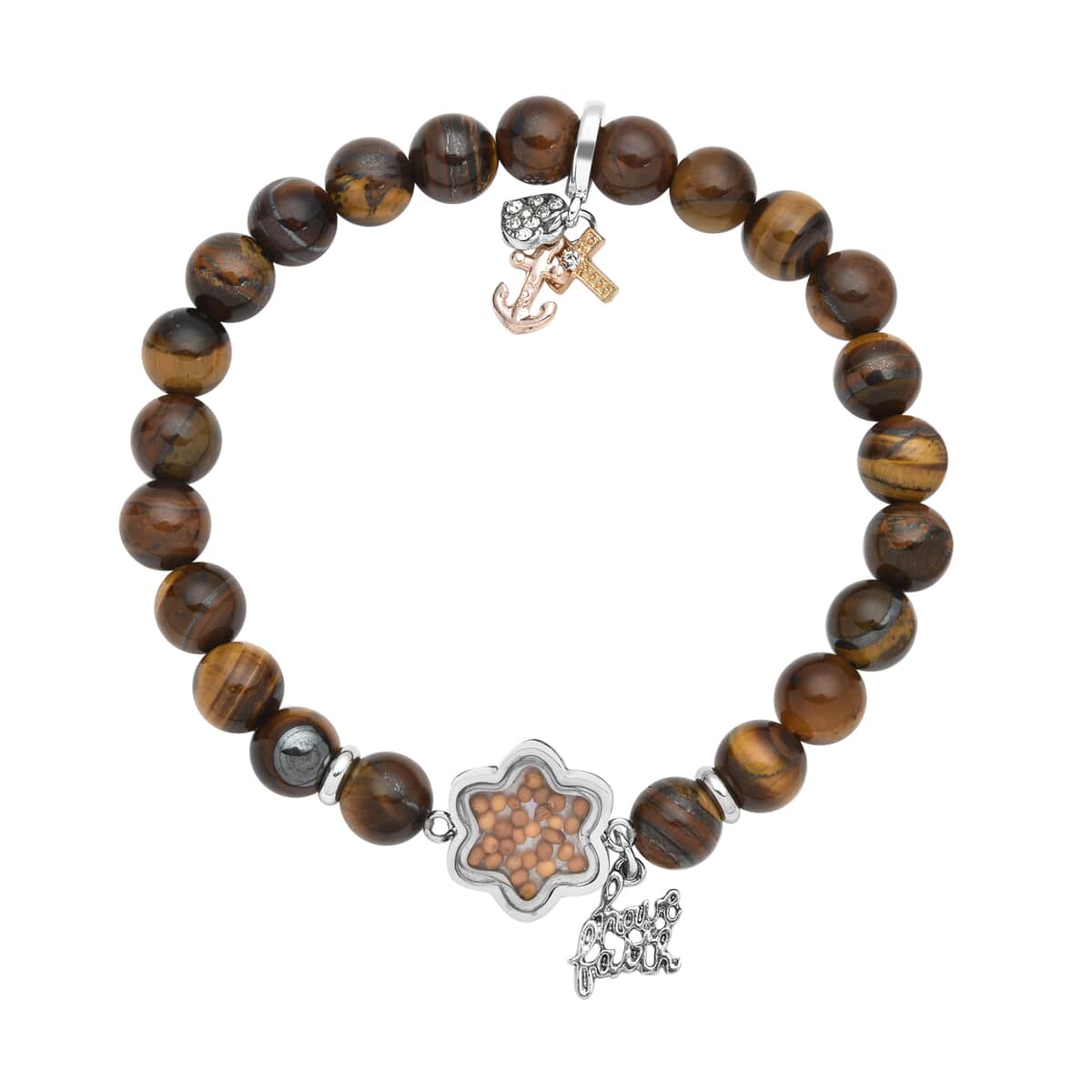 Yellow Tiger's Eye Beaded Stretch Bracelet with Austrian Crystal Faith Charms & Mustard seeds in Dualtone & Stainless Steel 117.00 ctw image number 0