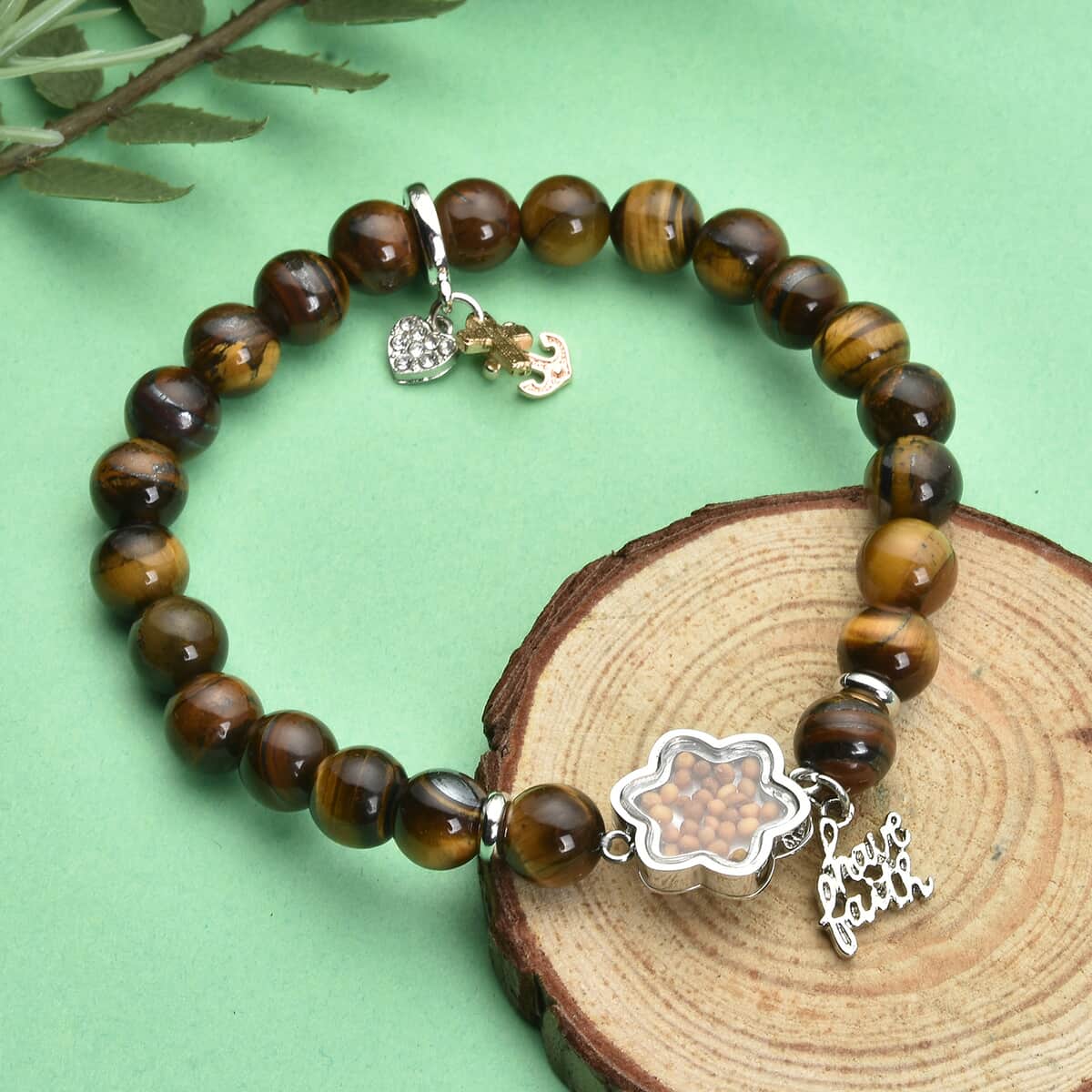 Yellow Tiger's Eye Beaded Stretch Bracelet with Austrian Crystal Faith Charms & Mustard seeds in Dualtone & Stainless Steel 117.00 ctw image number 1