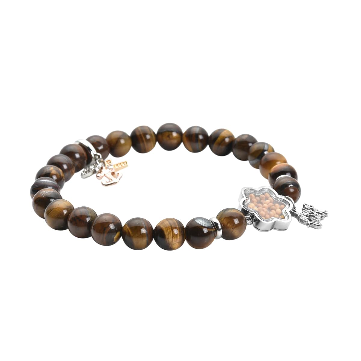 Yellow Tiger's Eye Beaded Stretch Bracelet with Austrian Crystal Faith Charms & Mustard seeds in Dualtone & Stainless Steel 117.00 ctw image number 2